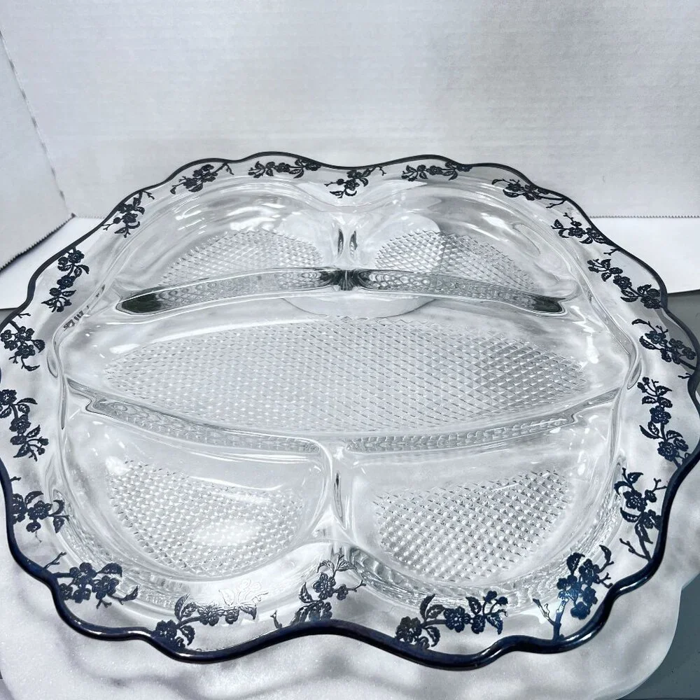 Vtg Divided Glass Relish Tray Silver Overlay Floral Rim Design Textured Sections